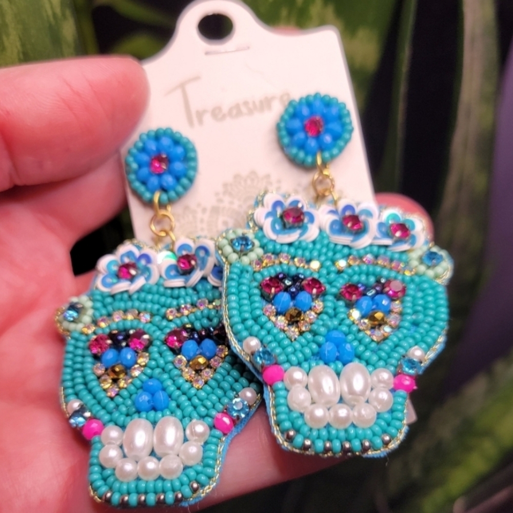 Sugar skull earrings for pierced ears beaded rhinestones